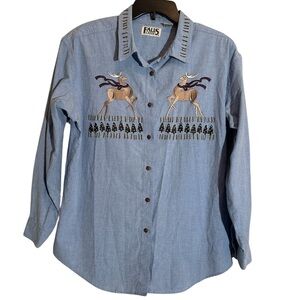 Vintage 80’s Folk Embroidery Button Front Shirt Chambray Large Christmas Grandma